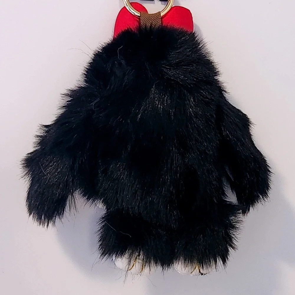 Black Faux Fur Bunny Keychain Plush Bag Charm with Red Bow and White Paws 5.0